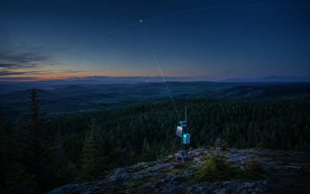 Capteurs IoT surveillant une forêt isolée reliée à un satellite