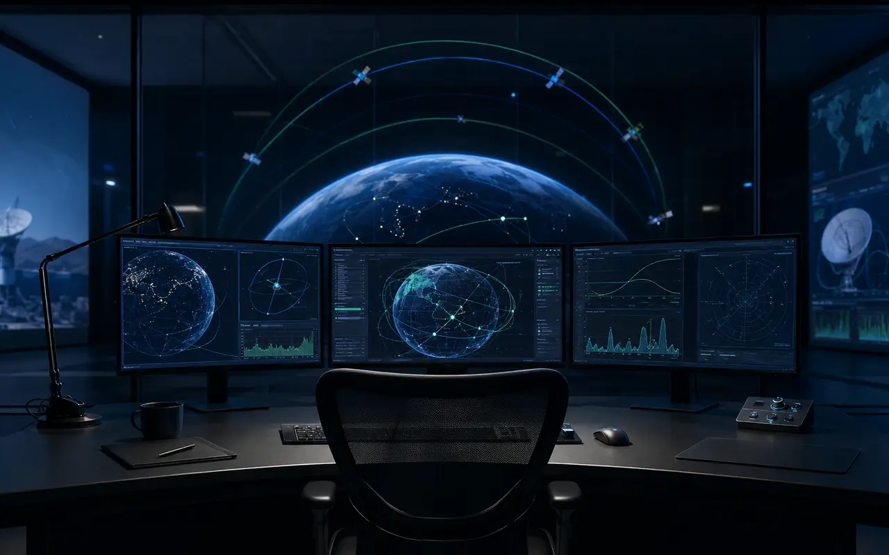 Espace de travail d’ingénierie radio avec visualisation d’une trajectoire orbitale